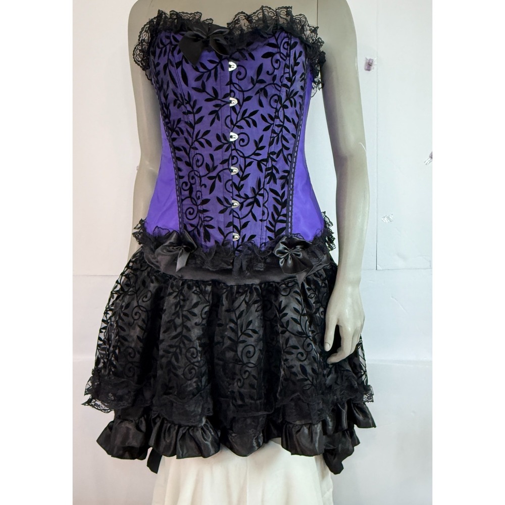 Purple Corset & skirt Black Velvet Burn Out XL Burlesque Coquette Whimsigoth